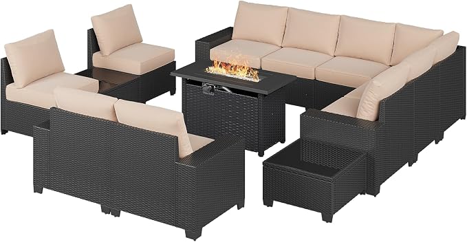 Aoxun Patio Furniture Sets with 44'' Fire Pit, 13 Pcs Outdoor Patio Coversation Set with 4in Thicken Cushion, Widen Armrests Wicker Outdoor Sectional for Backyard, Beige