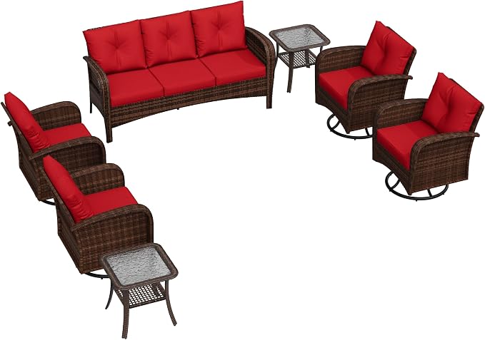 7 Pieces Patio Set, 73" PE Rattan Sofa, Coffee Table, Wicker Swivel Glider Chairs, Outdoor Conversation Furniture with Removble Cushion, Loveseat Couch for Porch, Bistro (Navy Blue)
