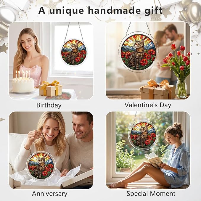 Acrylic Puzzle Suncatcher, Cat & Flower Stained Glass Window Hanging, Sun Catcher Puzzle Kit Home Garden Decor, Creative Mothers Day and Birthdays Gifts for Mom, Wife, Sisters, 7.87 inch