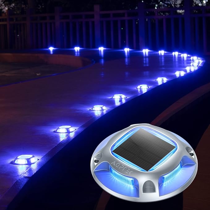 AGPTEK Solar Driveway Light Outdoor 1 Pack, 2 Color Modes LED Deck Dock | Marine Waterproof Driveway Marker Lights for Step Sidewalk Stair Garden Pathway Walkway Yard (Blue Light/Cool White)