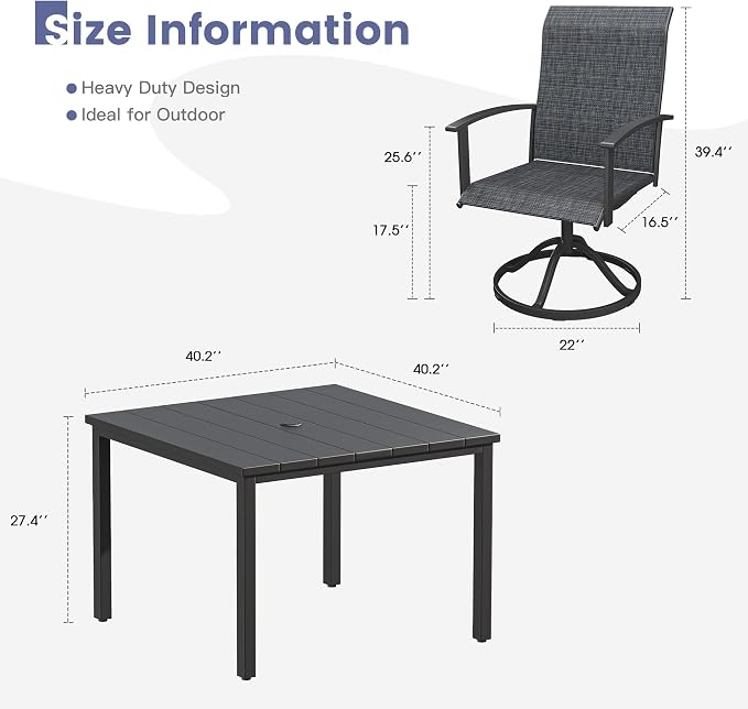 VICLLAX 5 Pieces Patio Dining Set, Patio Furniture Set of Metal Outdoor Table with Umbrella Hole and 4 Swivel Patio Chairs for Backyard Lawn, Charcoal & Black