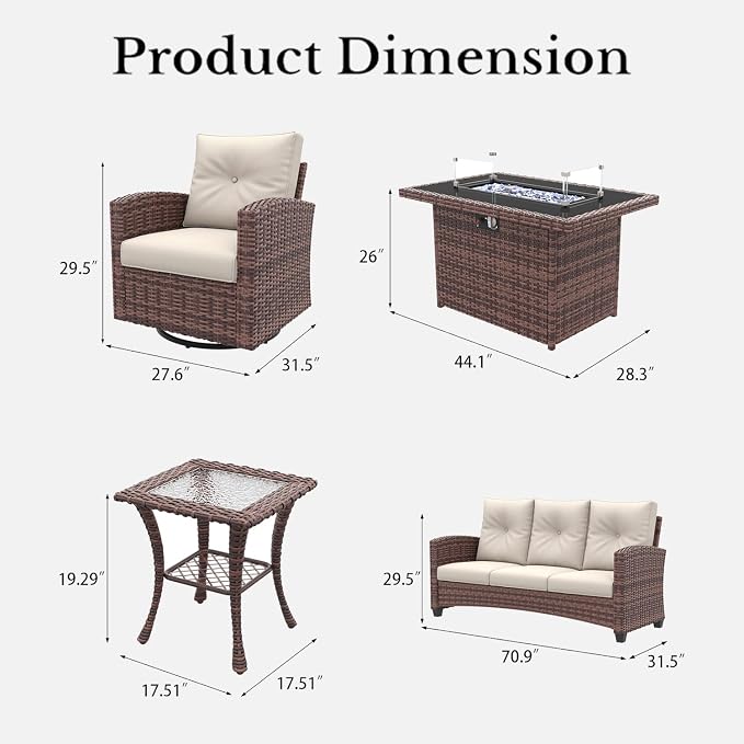 LayinSun 5 Pieces Patio Furniture Set with Swivel Chairs, Rattan Wicker Rocking Glide Chairs with 44" Propane Gas Fire Pit Table Conversation Set