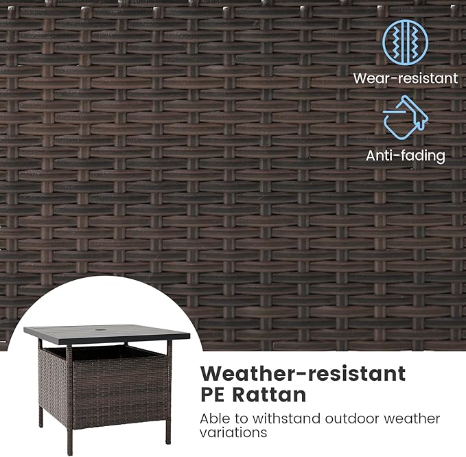 LDAILY Patio Table Umbrella, Outdoor Table with Umbrella Hole, Rattan Patio Side Table with Steel Umbrella Hole, HDPE Desktop & Metal Frame for Deck Garden Poolside Backyard Balcony, Mix Brown