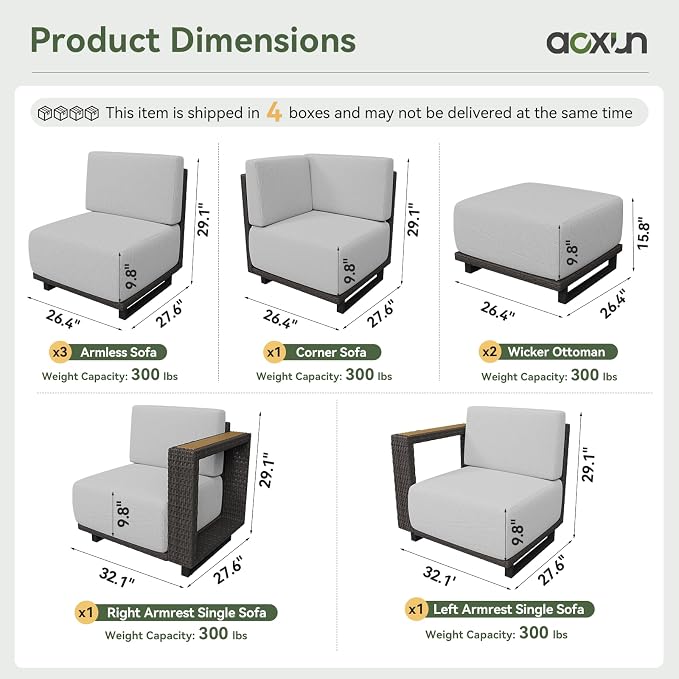 Aoxun Patio Furniture Set, 8 Piece Outdoor Wicker Sectional Sofa Set, All-Weather Rattan with 10'' Ultra-Thick Cushions, Outdoor Conversation Set for Backyard, Poolside and Garden, Brown/Light Gray