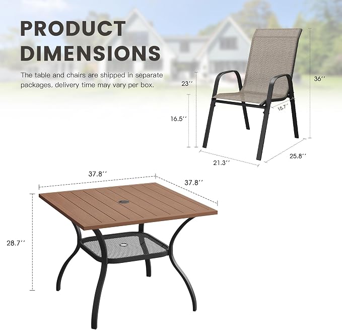 5 Pieces Outdoor Dining Set, 37.8" Square Table with Umbrella Hole & Stackable Patio Dining Chairs, Patio Table and Chairs Set for Deck Garden Porch, Brown Chairs & Walnut Table