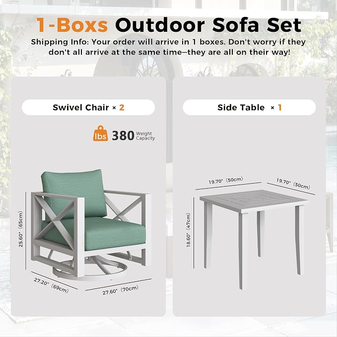 Aluminum Outdoor Patio Furniture Set with Swivel Chairs, 3-Piece Outdoor Sectional with 5.2" Thick Cushions, Patio Conversation Sets for Backyard,(White,2 Seats)