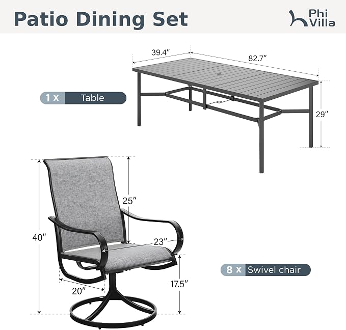 PHI VILLA 9 Piece Outdoor Dining Set, 82'' Metal Table & Grey Swivel Chairs | Textilene mesh chairs and large rectangle table. All-weather patio furniture set designed for patio, deck, backyard