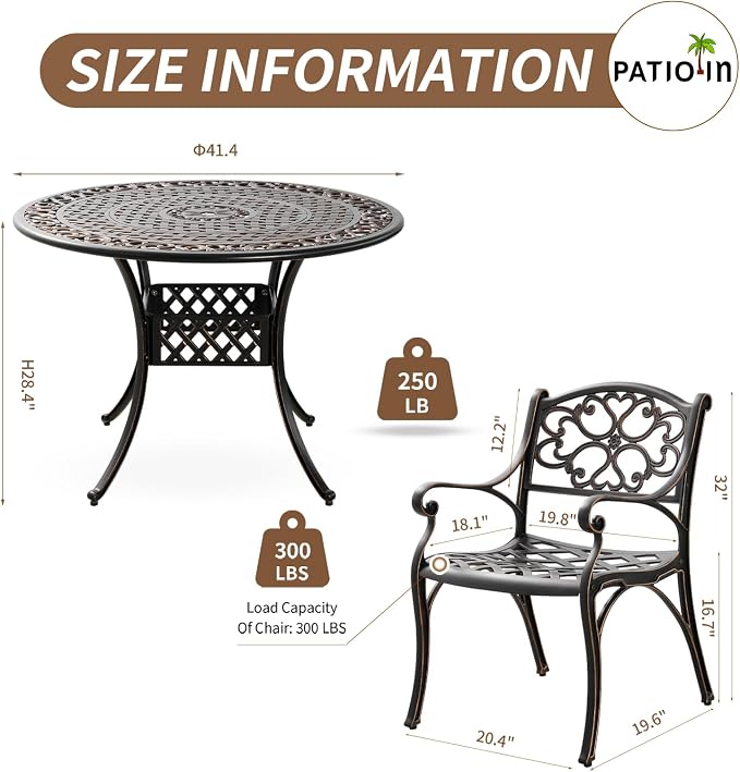 5 Piece Outdoor Patio Dining Set, All-Weather Cast Aluminum Table and Chairs Set of 4, Bistro Set Outdoor with Umbrella Hole for Garden, Porch
