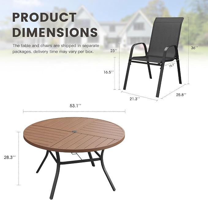 9 Pieces Outdoor Dining Set, 53.1" Spliced Patio Table with Umbrella Hole & Stackable Outdoor Dining Chairs, Patio Furniture Set for Deck Garden Porch, Black Chairs & Walnut Table