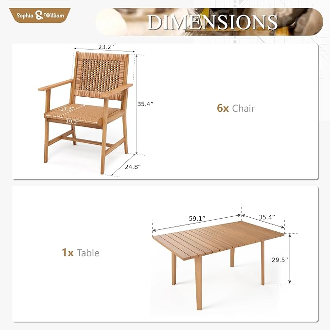 Sophia & William Patio Dining Set, Rattan, Chairs | Rattan, Wicker, Wood, Weather resistant, Breathable fabric