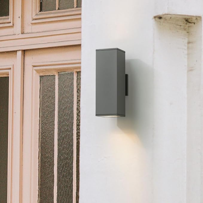 mirrea 14" Modern Outdoor Porch Light in 2 Lights, Matte Gray, 2 Pack | Patio wall sconce, aluminum rectangular tube, tempered glass, waterproof. Up & down lighting for outdoor wall mount fixture.