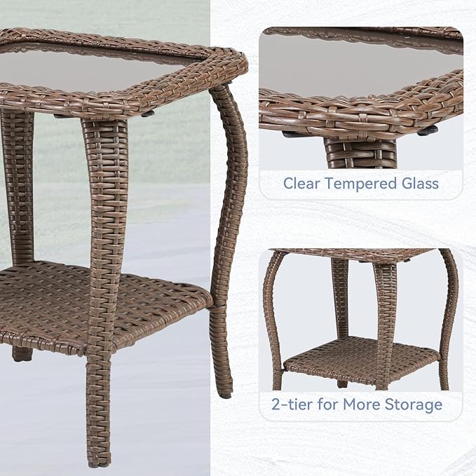 Patio Tables Wicker Side Table, Outdoor End Table with Storage Shelf, Patio Furniture Side Table for Sofa, Swivel Chairs, Garden, Balcony - Yellow