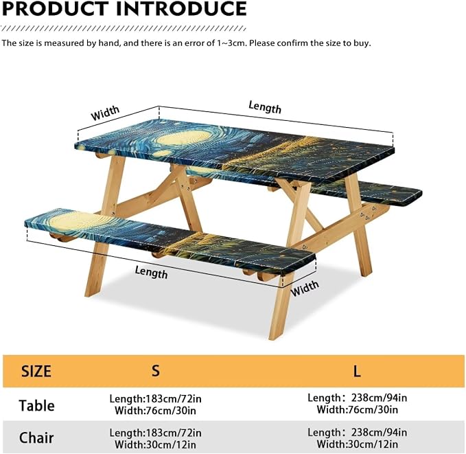 Van Gogh Starry Night Picnic Table Cover with Bench Covers Beach Camping Table Covers for 6 Foot Tables 3 Pcs Picnic Table Bench Covers Camping Essentials for Camper, 94x30 Inches