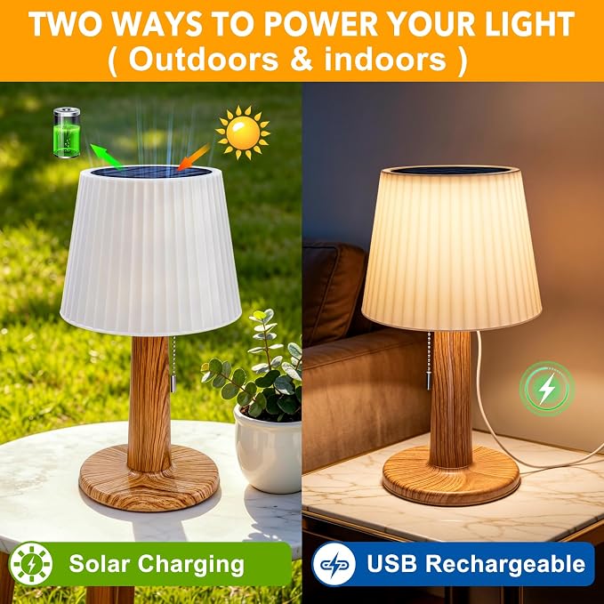 Beautyard Solar Table Lamps Outdoor Indoor - Mothers Gifts 3 Lighting Modes, 4000mAh Eye-Caring LED Waterproof Cordless Solar Desk Lamp with Pull Chain Garden Outside Patio Garden Bedroom