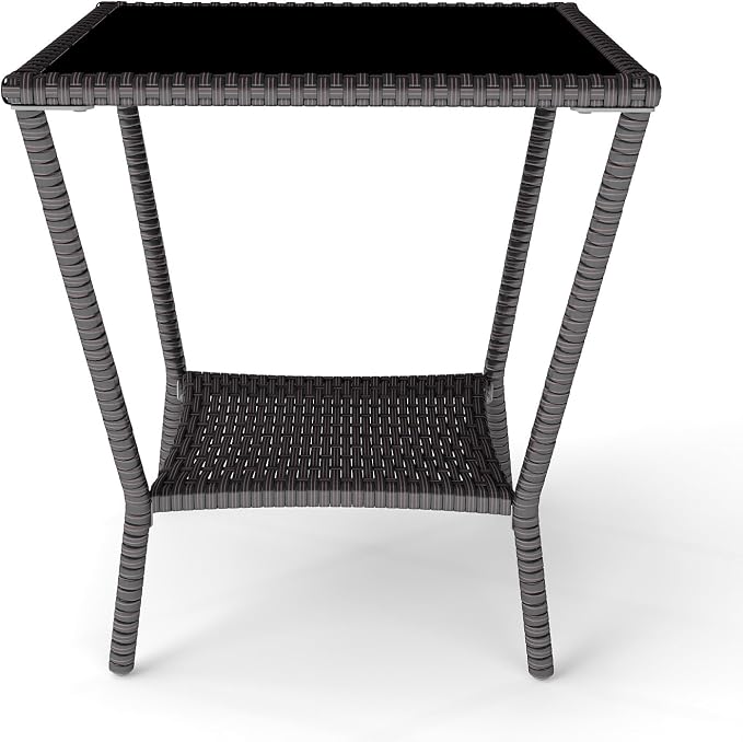 Kinfant Rattan Patio Side Table - Modern Wicker End Table, PE Rattan Coffee Table with Glass Top, Weather-Resistant Patio Furniture for Patio, Balcony, Garden, and Poolside (1, Black Brown)