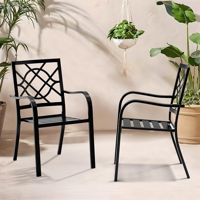 Oakcloud 2 Pieces Patio Wrought Iron Chairs, Metal Outdoor Dining Chair, Stackable Dining Chairs with Armrest for Garden Backyard, 300 LBs, Black