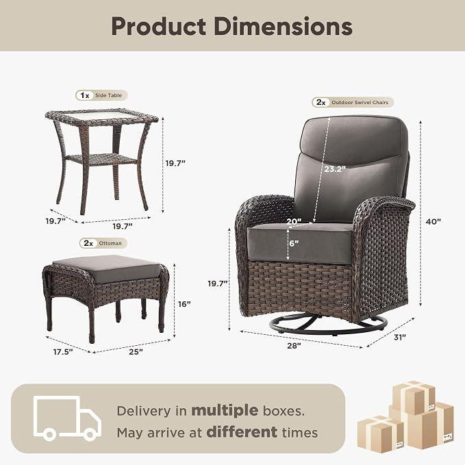 HUMMUH Outdoor Swivel Rocker Patio Chairs with Ottomans,Luxury 6-inch Thick Cushion High Back Patio Furniture Set,5PCS Wicker Conversation Set for Deck Yard and Poolside
