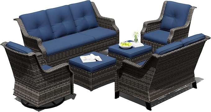 Outdoor Patio Furniture Set, 6 Piece Wicker Patio Furniture with Thick Cushions, Curved Armrest, Deep Seating, Outdoor Swivel Rocker Chairs for Porch, Deck, Balcony