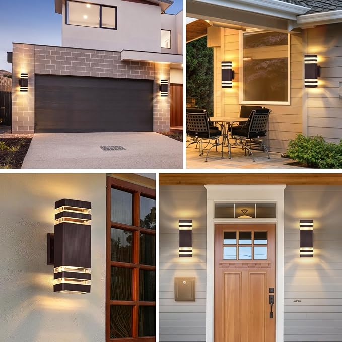 DASTOR 4 Pack Outdoor Wall Lights, Brown Exterior Lighting Fixtures Wall Mount, 2-Layer Modern Outdside Lights for House, Up and Down Outdoor Sconce Lights for Porch Patio Garage
