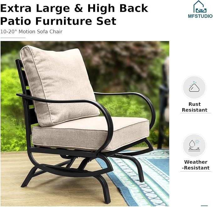 MFSTUDIO 5 Pieces Patio Conversation Sets,Outdoor Metal Furniture Sofas with 1 x 3-Seat Sofa, 2 x Rocking Chairs,2 x Ottoman,Wrought Iron Frame with Beige Cushion for Patio Courtyard Balcony
