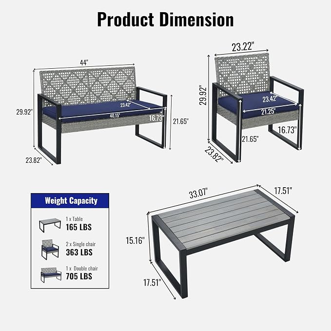 Outdoor Patio Furniture Set, 4 Piece Rattan Wicker Sectional with Loveseat Couch Sofa, Coffee Table and Chairs, Conversation Seating for Balcony, Porch, Deck, Backyard, Muebles de Exterior