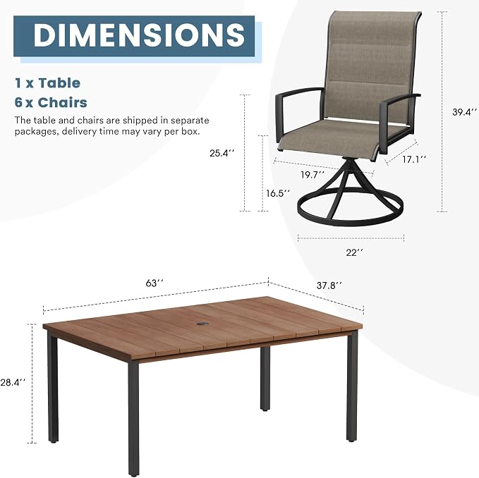 DIFY 7 Piece Outdoor Patio Dining Set for 6, 63" Walnut Rectangle Metal Dining Table and Swivel Patio Chairs with Brown Padded Textilene, All-Weather Outdoor Furniture Set for Garden Backyard Porch