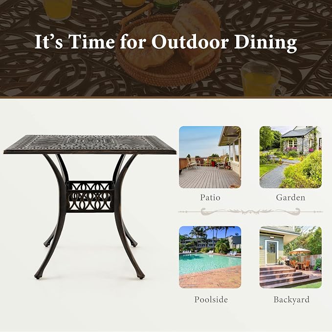 Tangkula 35.4 Inches Outdoor Dining Table, All-Weather Cast Aluminum Table with Umbrella Hole, 4 Person Square Dining Table for Garden, Backyard and Poolside