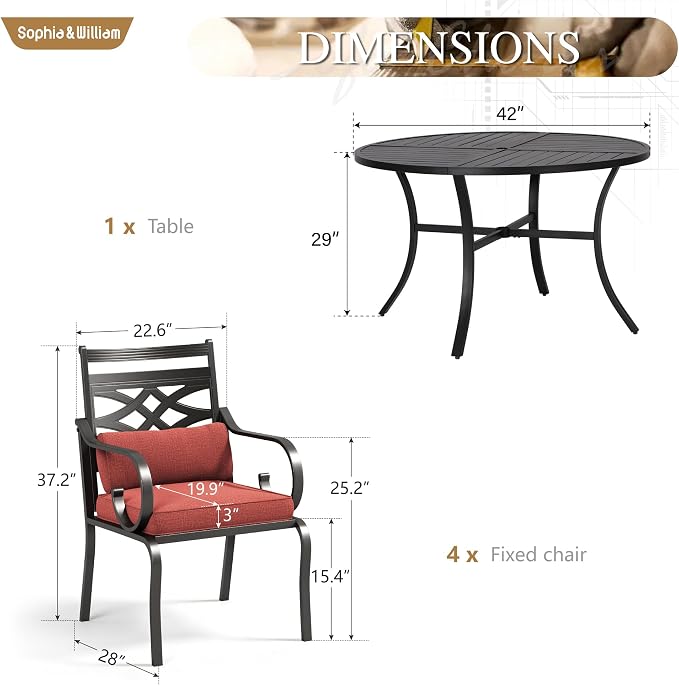 Sophia & William Patio Dining Set, Steel, Black | Umbrella Hole, E-Coated, Cushions Included, For Patio, Garden and Yard