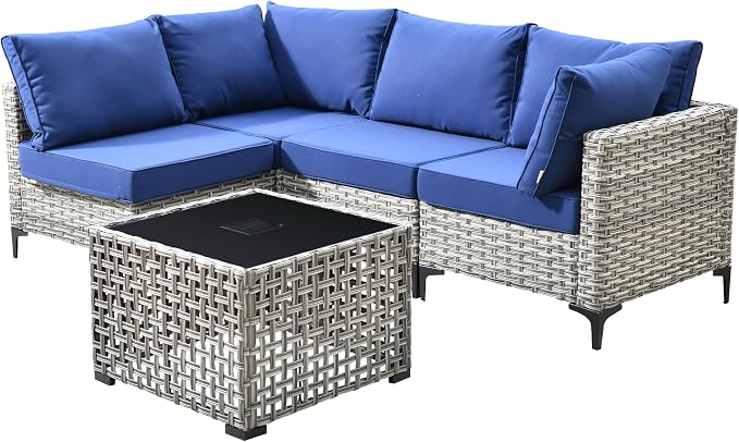 Outdoor Patio Furniture Sets,5 PCS Patio Conversation Set Outside Rattan Sectional Sofa with Coffee Table Fit Backyard Porch Garden Poolside Balcony
