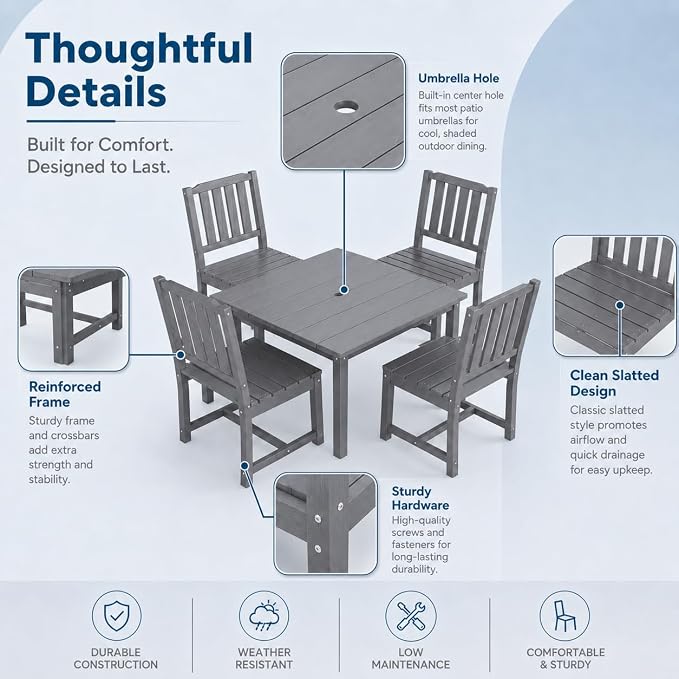 HDPE Outdoor Dining Set for 4, Square Table & Chairs Set | • All-Weather Polywood Composite • 410 lbs Heavy-Duty Support • Built-In 2" Umbrella Hole • Easy Soap-Water Wash