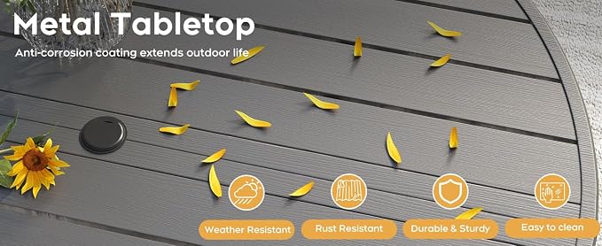 47" Round Faux Wood Patio Table with Umbrella Hole – Realistic Wood Grain Slat Top, Rust-Resistant Metal Legs, Outdoor Dining Table for 6 for Patio Deck Backyard, Black