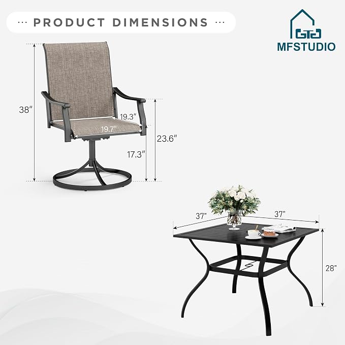 MFSTUDIO Outdoor Patio Dining Set for 4, Outdoor Patio Set with 37"x 37" Square Metal Table, 4 Swivel Patio Chairs, Heavy Duty Outdoor Dining Table and Chairs for Patio Lawn Garden