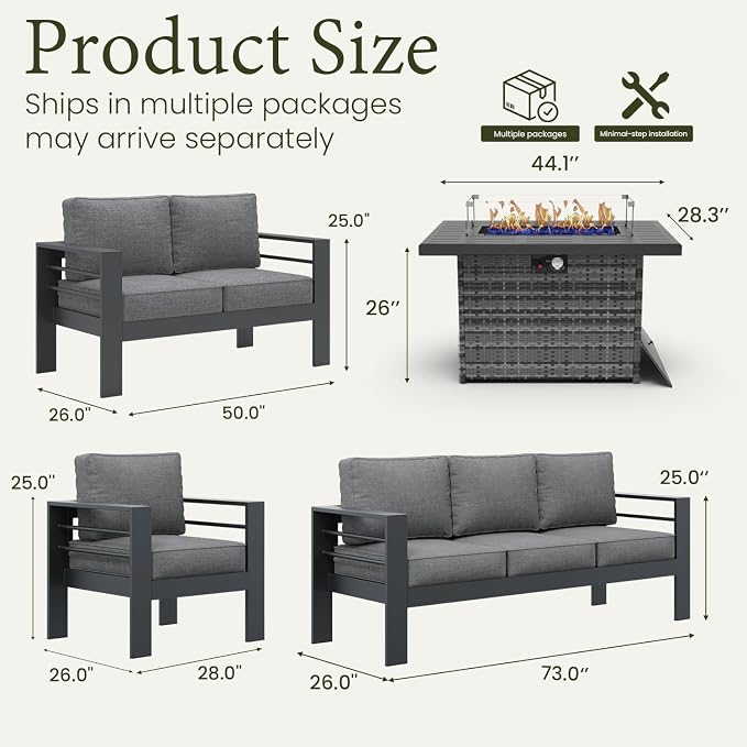 LayinSun Aluminum Furniture Set with Fire Pit Table, 5 Pieces Patio Sectional Conversation Chat Sofa Modern Seating Set