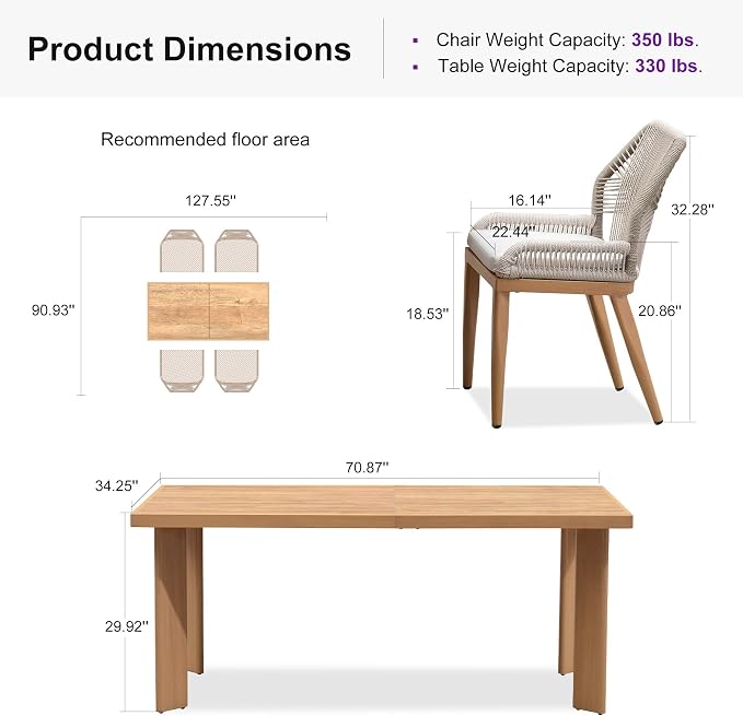 PURPLE LEAF 5 Pieces Patio Dining Set Aluminum Modern Rectangular Table and Wicker Chairs with Cushions for Kitchen Porch Garden Outdoor Furniture Sets, Teak