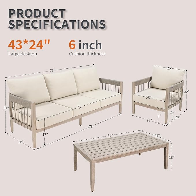 4-Piece Patio Furniture Set, Never-Rust Aluminum Sectional Sofa with Faux Wood Grain Frame, Rope Weave Outdoor Conversation Set with Coffee Table, Patio Sofa Set for Backyard, Poolside, Deck