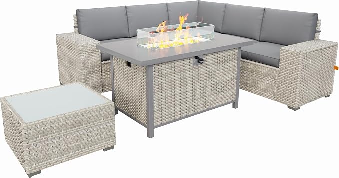 7 Piece Patio Furniture Set with 50,000 BTU Rattan Fire Pit Table that Converts to Coffee Table, 9.8" Wide Arm Sectional Sofa with Storage Armrests, Outdoor Rattan Conversation Set, Grey