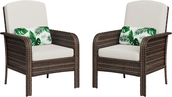 GarveeTech Outdoor Wicker Chairs,2-Piece Brown Patio Furniture Set, All-Weather High-Back Rattan Chair with Thick Cushions for Deck, Porch, Balcony, Backyard, Garden(Brown Wicker with Beige Cushions)