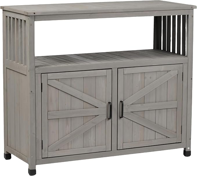 Wooden Outdoor Storage Cabinet, Outdoor Bar Table Cabinet with Storage, Outdoor Buffet Sideboard for Patio, Garden, Potting Bench, TV Stand, Bar Table, Balcony, Grey