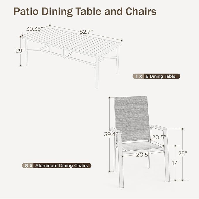PHI VILLA Outdoor Dining Set for 8 w/Metal Table & Aluminum Chairs, Blue | Stackbale chairs, Breathable & quick-drying, Light-weight & space-saving, Rectangular Table, Umbrella Hole, Patio deck