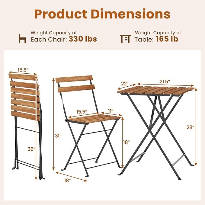 Tangkula 3 Pieces Patio Dining Set, Outdoor Square Table and Folding Chairs with Metal Frame, Space Saving Furniture Set for Yard Porch Deck Backyard