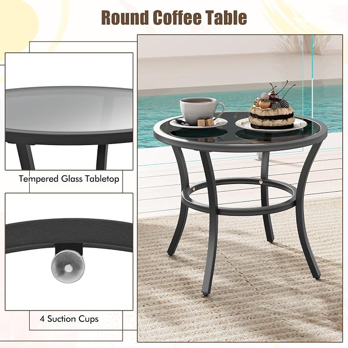 Tangkula 5 Piece Outdoor Furniture Set, Rattan Chairs & Ottomans w/Round Glass Topped Coffee Table, Space Saving Cushioned Patio Conversation Set for Backyard, Poolside (Black)
