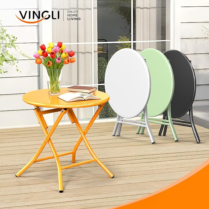 VINGLI Patio Metal Folding Side Table, Portable Small Outdoor Folding Round Table, Perfect for Indoor and Outdoor Spaces Like Balconies, Backyards, Porches, and Patios.Yellow(1 Pack)