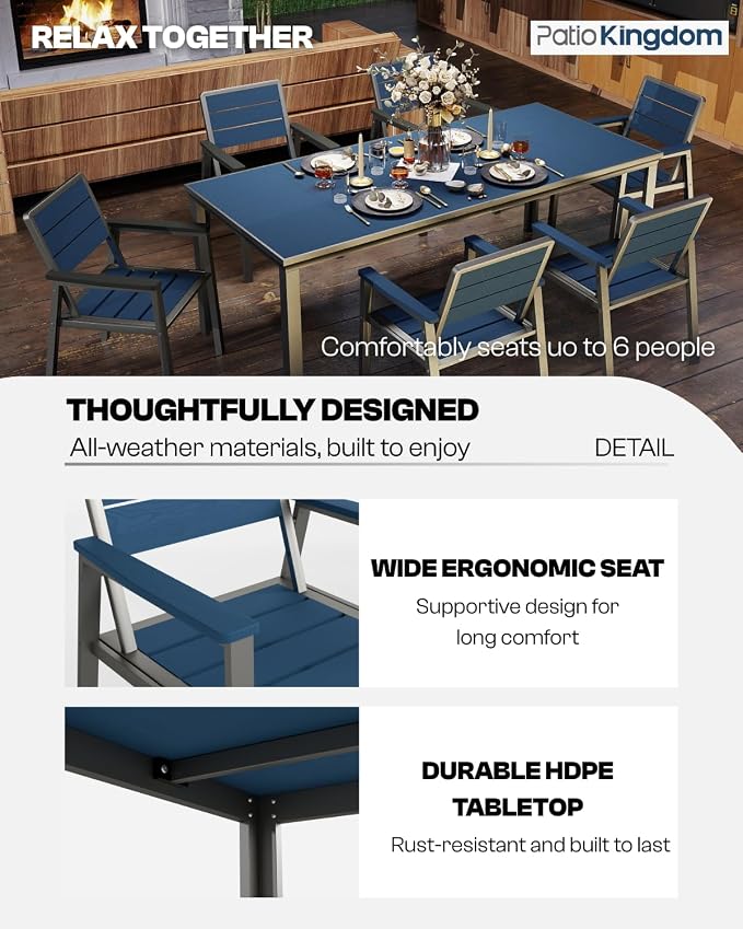 Outdoor Dining Set with Aluminum Frame for 4,Navy | HDPE table, chairs included, 2" umbrella hole, weather-resistant furniture, ideal for backyard, deck, porch, garden, poolside