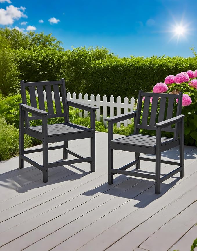 All-Weather Outdoor Chairs, 2-Piece Patio Dining Chairs with Backrest and Armrest, 300 lbs Support HDPE Dining Chair Furniture for Garden, Deck, Porch, Black