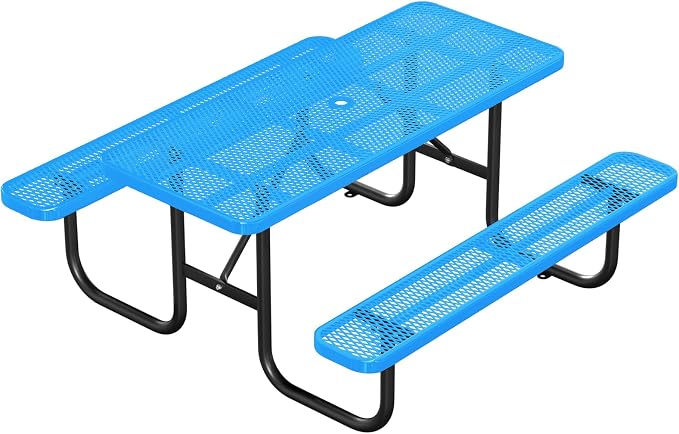 6FT/72IN Heavy Duty Outdoor Picnic Table and 2 Benches for 4-8 People, Weather Resistant Rectangular Steel Picnic Table Set with Umbrella Hole for Yard Patio Lawn Party Blue