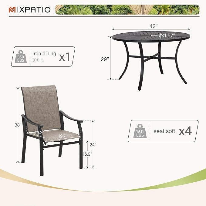 MIXPATIO 5 Pieces Patio Dining Set, 4 Person 42" Round Black Table and Textilene Chairs, with 1.57" Umbrella Hole, Outdoor Patio Table and Chairs, for Garden Lawn Porch Backyard Poolside