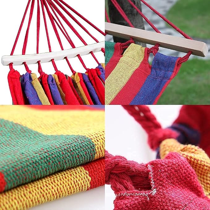 Double 2 Person Cotton Fabric Canvas Travel Hammocks 450 Lbs Ultralight Camping Hammock Portable Beach Swing Bed with Hardwood Spreader Bar Tree Hanging, 280 x 100 cm, Red