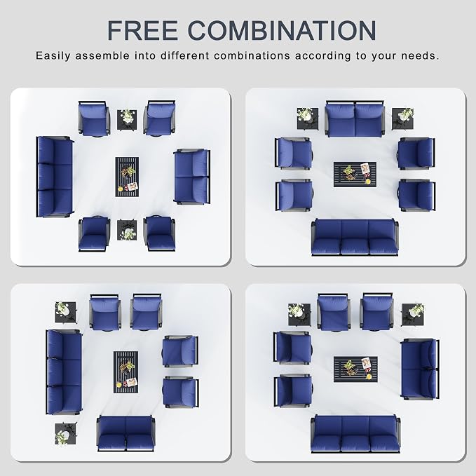 9-Piece Modern Patio Furniture Set, All Weather Metal Outdoor Conversation Sets with 5.1" Extra Thick Cushion for Backyard Garden Deck Porch Poolside, Blue
