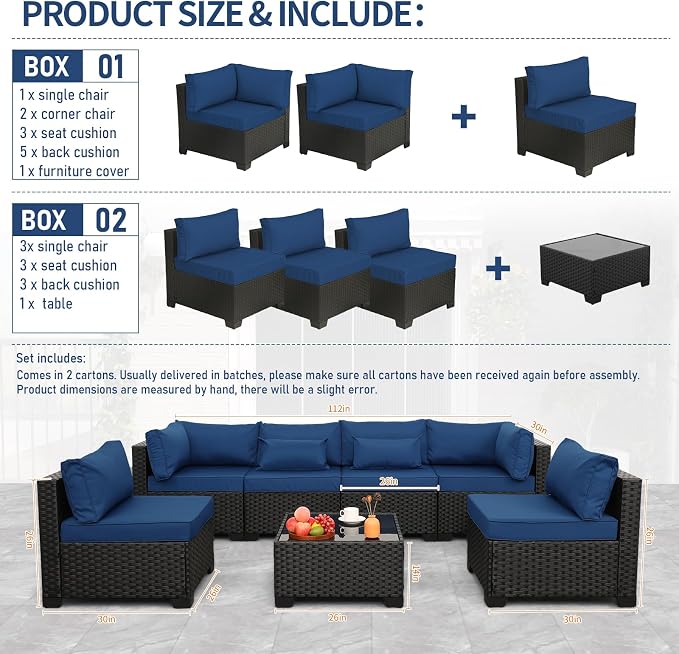 Lviden 7 Pieces Outdoor PE Wicker Furniture Set Patio Rattan Sectional Conversation Sofa Set with Navy Blue Cushions and Glass Top Table