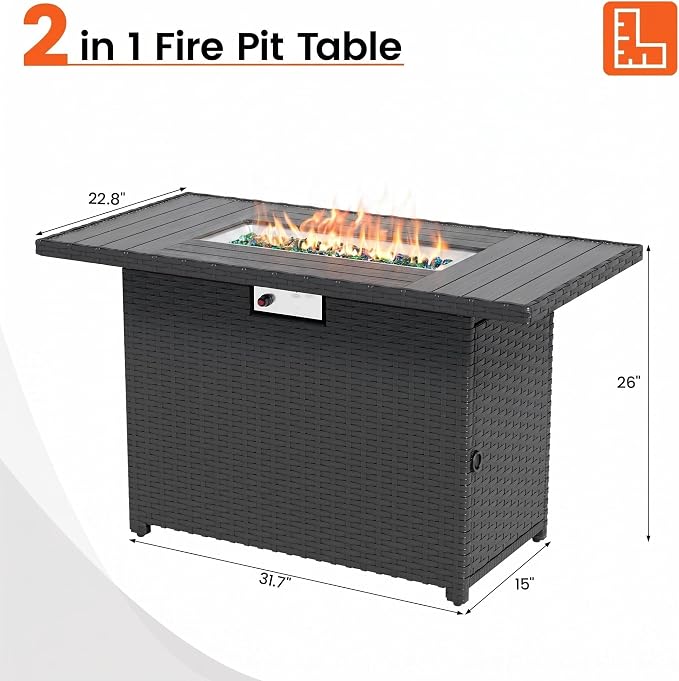 8 Piece Patio Furniture Set with 43" Fire Pit Table, Outdoor Sectional Wicker Rattan Sofa Set with Coffee Table (Peacock Blue/Black)